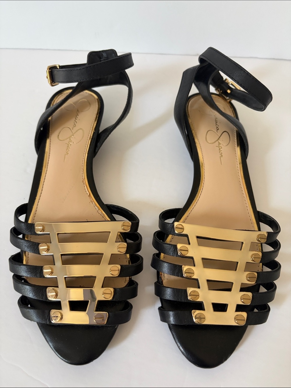 Jessica Simpson Black Sandals with Gold Plate Strappy Detail